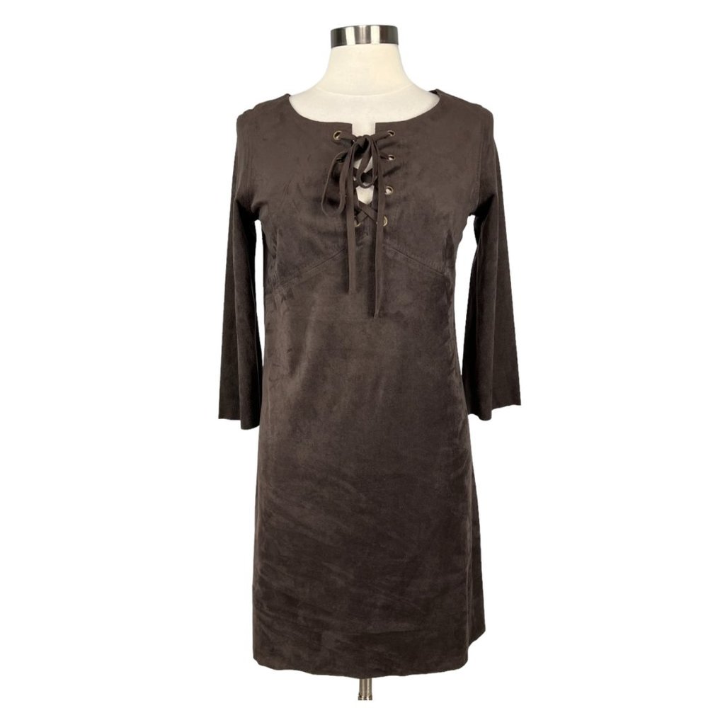 Chelsea Violet Womens Brown Faux Suede Shift Dress Lace Up Bodice size Small